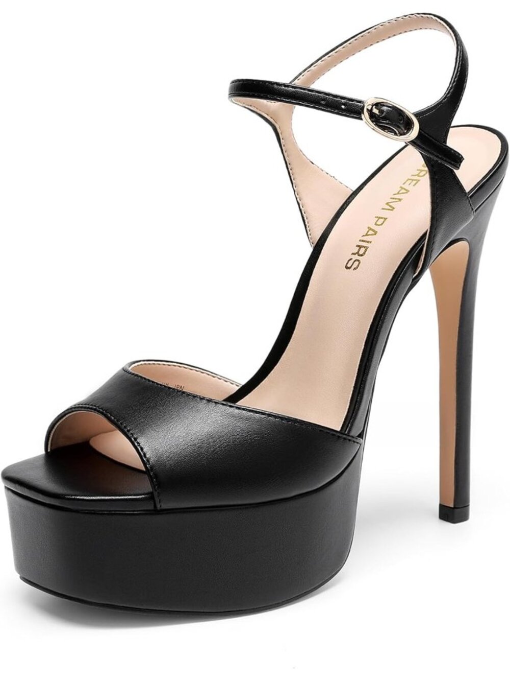 Women's Black Pu High Platform Heel 5.75 Open Square Toe Ankle Strap Heel Sandal